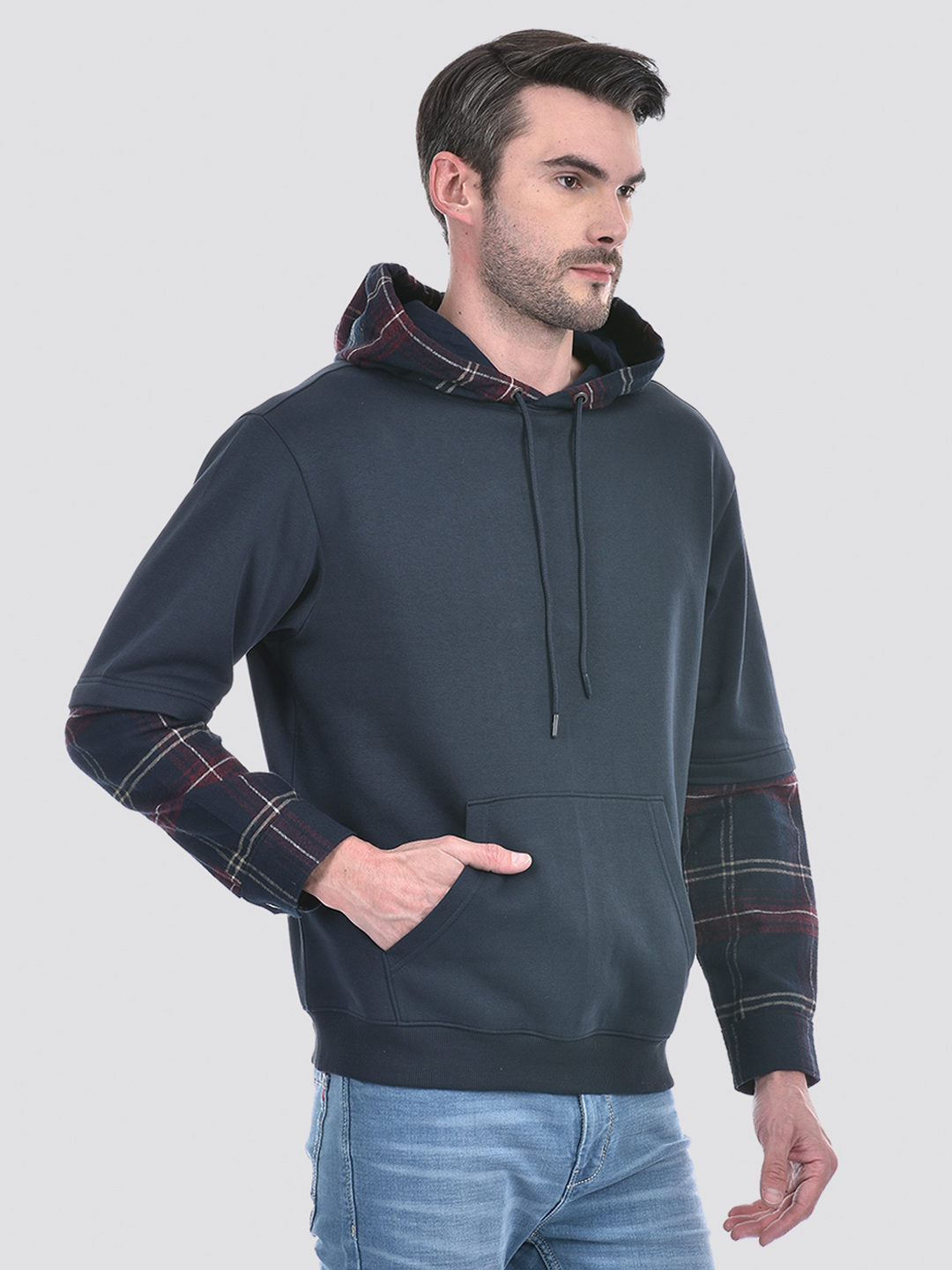 Numero Uno Men Blue Checks Hooded Neck Brushed Fleece Sweatshirt